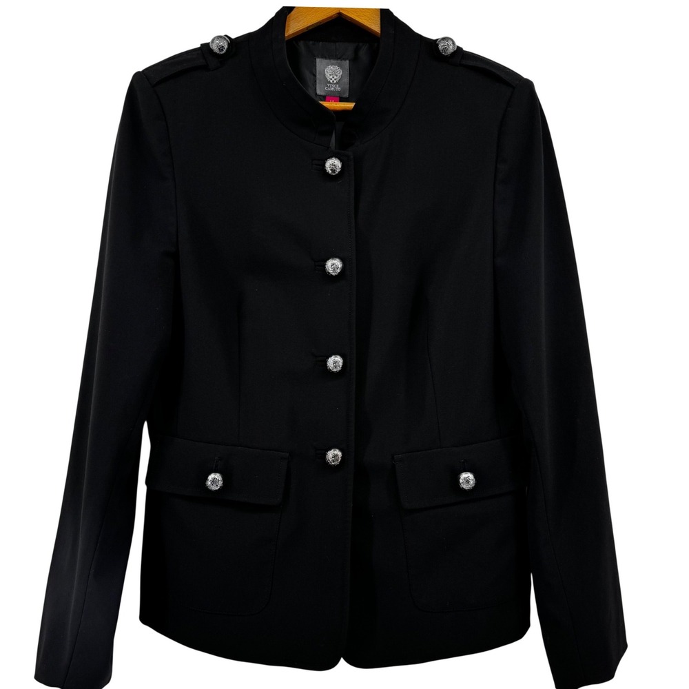 Vince Camuto Black Military Blazer Jacket Silver Crest Buttons Sz 12 Grunge Goth